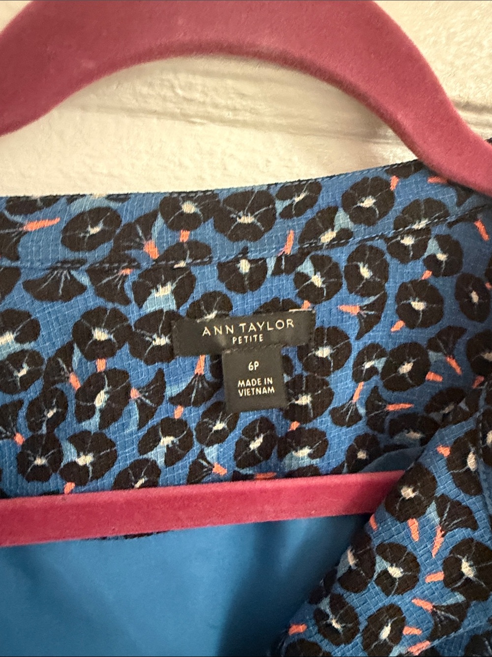 Ann Taylor Petite Blue Dress with Black Floral Print and Pink Accents